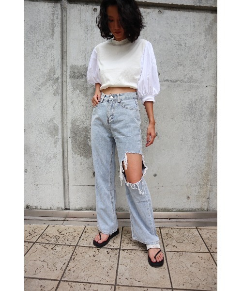 FIG&VIPER（フィグアンドバイパー）の「クラッシュデニムストレートPT（デニムパンツ・レディース・ライトブルー・SMALL/MEDIUM）」の4枚目の写真