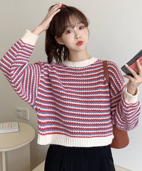 DAY CLOSET(デイ クローゼット)の「レディース くすみカラフルショート丈ボーダー柄ニット(ニット/セーター・レディース・レッド/オレンジ/ミント・ONE SIZE)」の7枚目の写真