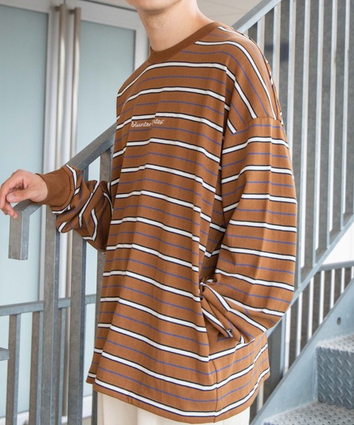 WEGO（ウィゴー）の「WEGO/ヘビーウエイト マルチボーダー刺繍BIGロンT（Tシャツ/カットソー・メンズ・ダークグリーン/ネイビー/ブラウン/オートミール・MEDIUM/LARGE）」の2枚目の写真