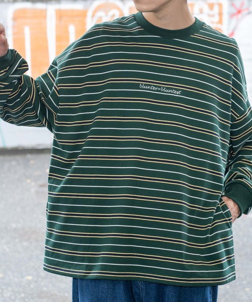 WEGO（ウィゴー）の「WEGO/ヘビーウエイト マルチボーダー刺繍BIGロンT（Tシャツ/カットソー・メンズ・ダークグリーン/ネイビー/ブラウン/オートミール・MEDIUM/LARGE）」の4枚目の写真
