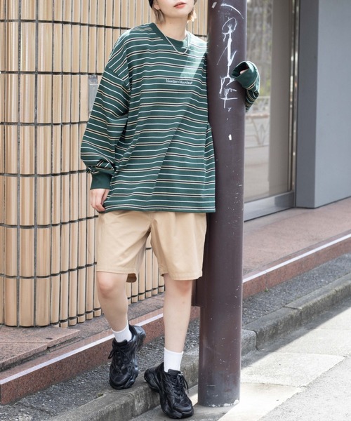 WEGO（ウィゴー）の「WEGO/ヘビーウエイト マルチボーダー刺繍BIGロンT（Tシャツ/カットソー・メンズ・ダークグリーン/ネイビー/ブラウン/オートミール・MEDIUM/LARGE）」の9枚目の写真