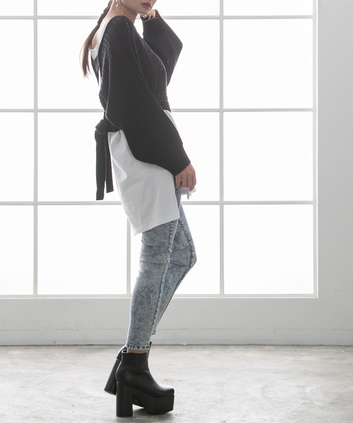 Newlyme（ニューリーミー）の「バックディティールボーダー編みニットトップス（ニット/セーター・レディース・ブラック/ベージュ/ブルー/ブラウン/ラベンダー/チャコールグレー/アイボリー・X-LARGE/MEDIUM/LARGE）」の14枚目の写真