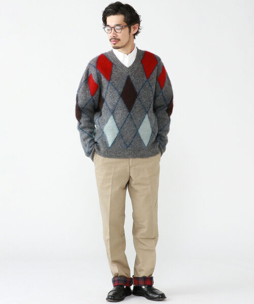 BEAMS PLUS（ビームスプラス）の「BEAMS PLUS / ジャカード ダイアモンド  Vネック ニット（ニット/セーター・メンズ・イエロー/グレー・LARGE/MEDIUM/X-LARGE/SMALL）」の4枚目の写真