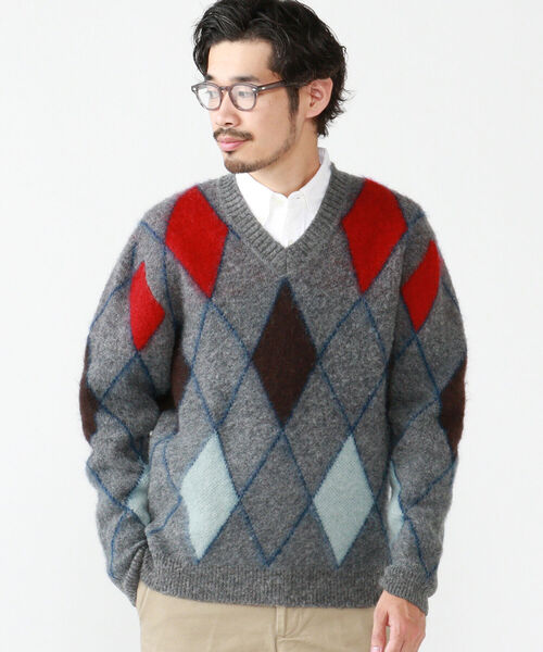 BEAMS PLUS（ビームスプラス）の「BEAMS PLUS / ジャカード ダイアモンド  Vネック ニット（ニット/セーター・メンズ・イエロー/グレー・LARGE/MEDIUM/X-LARGE/SMALL）」の7枚目の写真