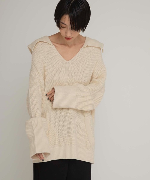 ANT(アント)の「セーラーカラーリブチュニック【ANT】(ニット/セーター・レディース・ホワイト/ブラック/ダークグリーン・FREE)」の2枚目の写真