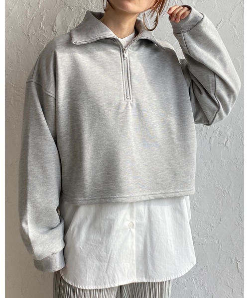 She's Closet(シーズクローゼット)の「裏毛ショート丈ハーフジッププルオーバースウェット(スウェット・レディース・杢グレー/グリーン/ブラック/オートミール・FREE)」の9枚目の写真