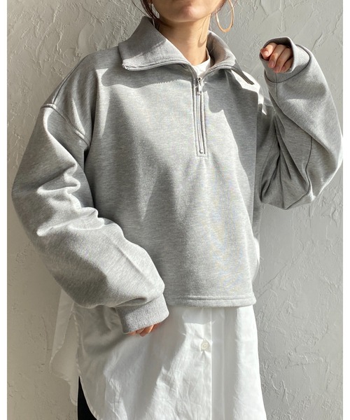 She's Closet(シーズクローゼット)の「裏毛ショート丈ハーフジッププルオーバースウェット(スウェット・レディース・杢グレー/グリーン/ブラック/オートミール・FREE)」の11枚目の写真