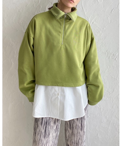 She's Closet(シーズクローゼット)の「裏毛ショート丈ハーフジッププルオーバースウェット(スウェット・レディース・杢グレー/グリーン/ブラック/オートミール・FREE)」の14枚目の写真