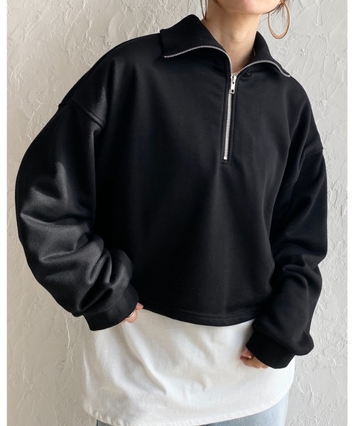 She's Closet(シーズクローゼット)の「裏毛ショート丈ハーフジッププルオーバースウェット(スウェット・レディース・杢グレー/グリーン/ブラック/オートミール・FREE)」の15枚目の写真