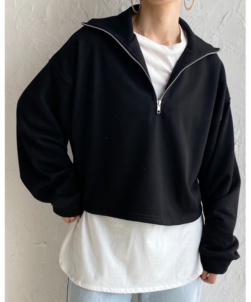 She's Closet(シーズクローゼット)の「裏毛ショート丈ハーフジッププルオーバースウェット(スウェット・レディース・杢グレー/グリーン/ブラック/オートミール・FREE)」の19枚目の写真