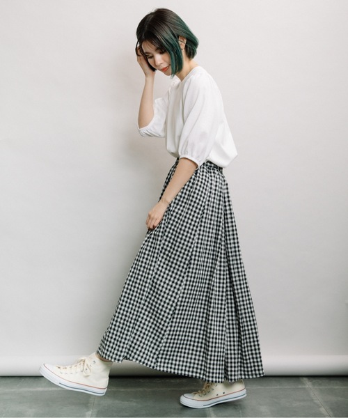 refinedworks（リファインドワークス）の「ギンガムタックSK（スカート・レディース・ブラウン/グリーン/ホワイト×ブラック・FREE）」の6枚目の写真