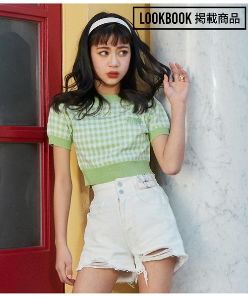 ANAP GｉRL（アナップガール）の「ギンガムチェックサマーニットトップス（Tシャツ/カットソー・キッズ・ブラック/オレンジ/グリーン・S/M）」の2枚目の写真