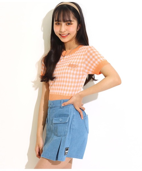 ANAP GｉRL（アナップガール）の「ギンガムチェックサマーニットトップス（Tシャツ/カットソー・キッズ・ブラック/オレンジ/グリーン・S/M）」の6枚目の写真