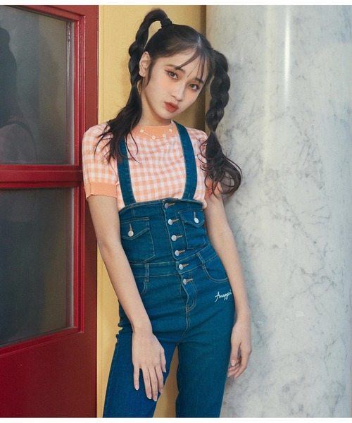 ANAP GｉRL（アナップガール）の「ギンガムチェックサマーニットトップス（Tシャツ/カットソー・キッズ・ブラック/オレンジ/グリーン・S/M）」の4枚目の写真