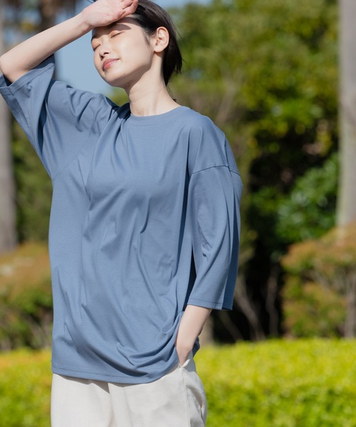 Blue Standard （ブルースタンダード）の「【BLUE STANDARD/ブルースタンダード】汗染みの目立ちにくいゼロステイン　汗シミ防止加工 撥水性  UVカット ビッグシルエットTシャツ ルーズT（Tシャツ/カットソー・メンズ・ホワイト/ブラック/ピンク系その他/ダークグリーン/オリーブ/サックスブルー/ネイビー/ベージュ・MEDIUM/LARGE/X-LARGE/SMALL）」の8枚目の写真