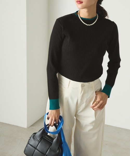 forksy.（フォルクシー）の「【forksy.】配色リブボトルネックプルオーバー（ニット/セーター・レディース・イエロー/ピンク/ブラック/ナチュラル/ブルー・FREE）」の6枚目の写真