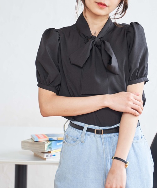 WEGO（ウィゴー）の「WEGO/リボンタイ5分袖ブラウス（シャツ/ブラウス・レディース・ホワイト系その他/ブラック/ホワイト・FREE）」の3枚目の写真