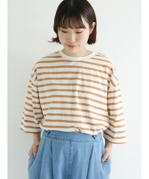 Samansa Mos2(サマンサ モスモス)の「ビッグシルエットボーダーカットソー(Tシャツ/カットソー・レディース・オフホワイト/イエロー/グリーン/ブルー/ピンク/キャメル・フリ-)」の5枚目の写真