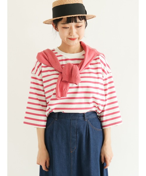 Samansa Mos2(サマンサ モスモス)の「ビッグシルエットボーダーカットソー(Tシャツ/カットソー・レディース・オフホワイト/イエロー/グリーン/ブルー/ピンク/キャメル・フリ-)」の6枚目の写真