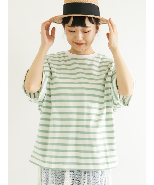 Samansa Mos2(サマンサ モスモス)の「ビッグシルエットボーダーカットソー(Tシャツ/カットソー・レディース・オフホワイト/イエロー/グリーン/ブルー/ピンク/キャメル・フリ-)」の3枚目の写真