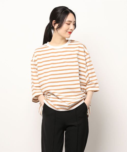 Samansa Mos2(サマンサ モスモス)の「ビッグシルエットボーダーカットソー(Tシャツ/カットソー・レディース・オフホワイト/イエロー/グリーン/ブルー/ピンク/キャメル・フリ-)」の15枚目の写真