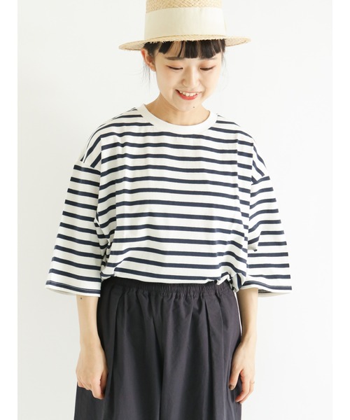 Samansa Mos2(サマンサ モスモス)の「ビッグシルエットボーダーカットソー(Tシャツ/カットソー・レディース・オフホワイト/イエロー/グリーン/ブルー/ピンク/キャメル・フリ-)」の18枚目の写真