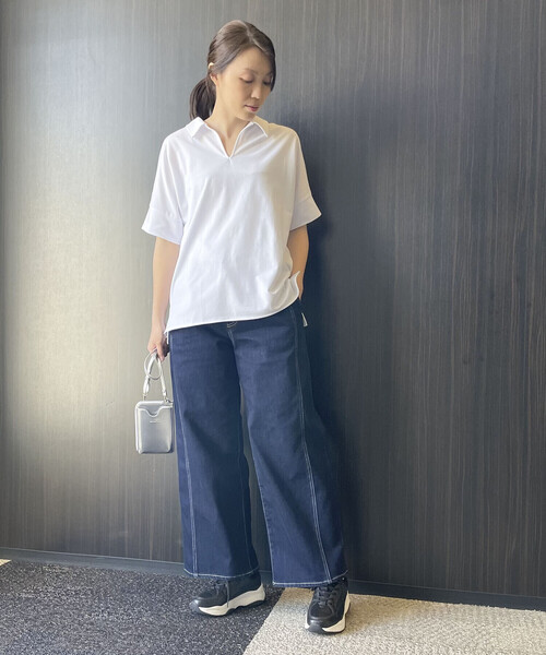 COMME CA ISM（コムサイズム）の「鹿の子　Ｖネックカットソー（ポロシャツ・レディース・ホワイト/ブラック/ブルー/グリーン・FREE）」の5枚目の写真
