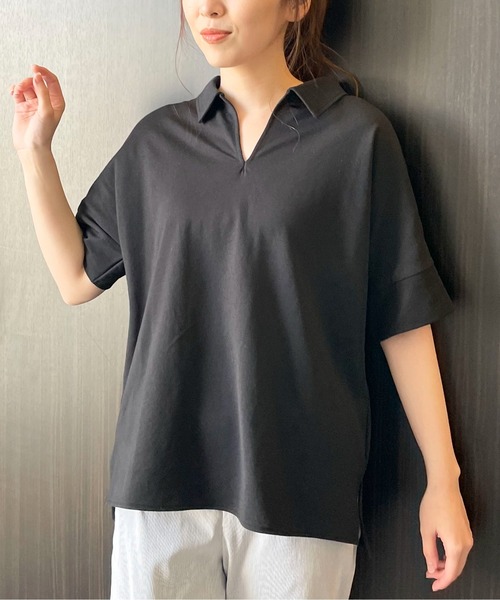 COMME CA ISM（コムサイズム）の「鹿の子　Ｖネックカットソー（ポロシャツ・レディース・ホワイト/ブラック/ブルー/グリーン・FREE）」の2枚目の写真