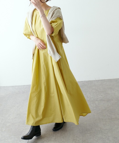 PUAL CE CIN コットンローンペーパー加工コクーン袖ワンピース イエロー PUAL CE CIN（ピュアルセシン）の「コットンローンペーパー加工