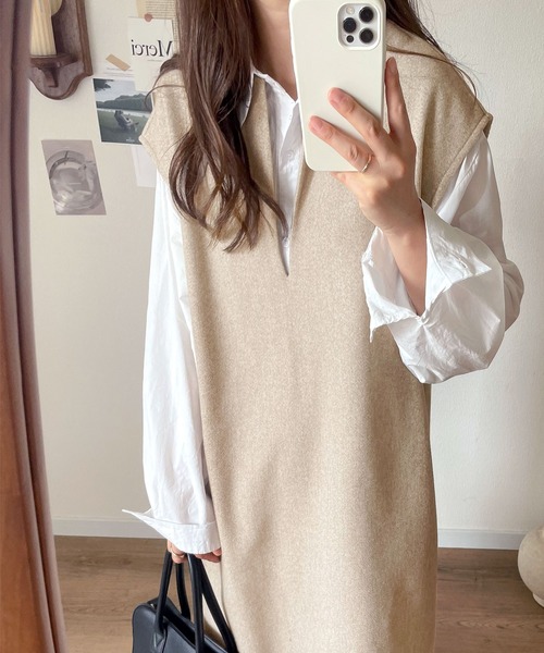 1枚で主役級。カフタン調サイドスリット圧縮ニットロング丈ジャンパースカート