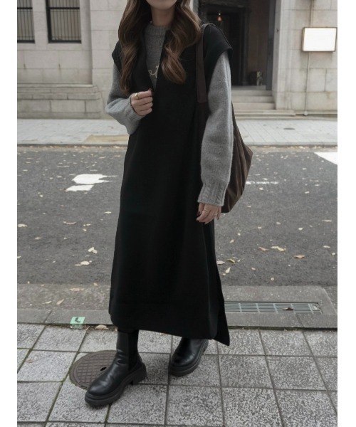 セール】1枚で主役級。冬に大活躍!カフタン調サイドスリット圧縮ニット