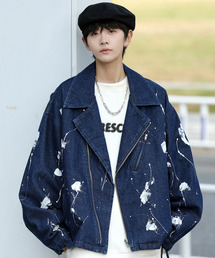 【neos -addictive design-】ビッグシルエット デニム ペイント リメイク ライダース ジャケット