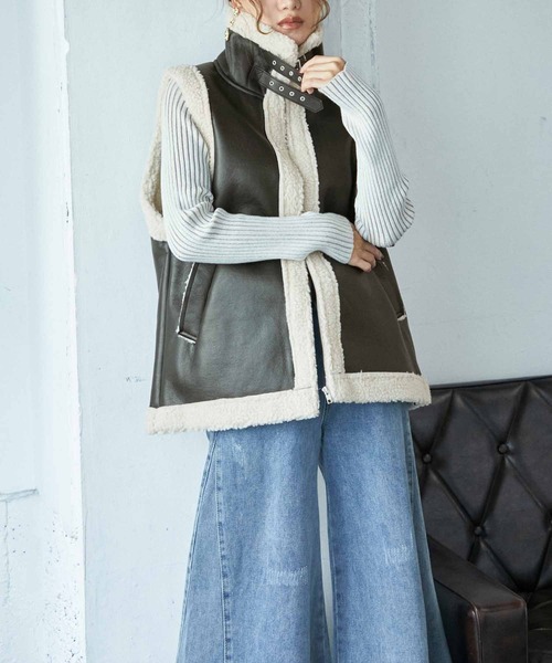 Settimissimo（セッティミッシモ）の「ムートンタッチスリーブレスジャケット（その他アウター・レディース・ブラック/アイボリー・FREE）」の2枚目の写真