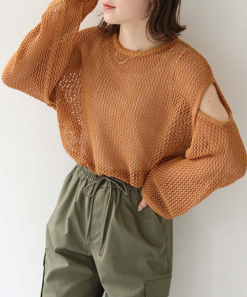 HER CLOSET(ハークローゼット)の「【shemoshelly】WEB限定カットアウト透かし編みメッシュニットトップス(ニット/セーター・レディース・ブラウン/ブラック/アイボリー/カーキ・M)」の3枚目の写真