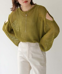 【shemoshelly】WEB限定カットアウト透かし編みメッシュニットトップス