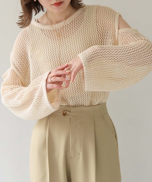 HER CLOSET(ハークローゼット)の「【shemoshelly】WEB限定カットアウト透かし編みメッシュニットトップス(ニット/セーター・レディース・ブラウン/ブラック/アイボリー/カーキ・M)」の2枚目の写真