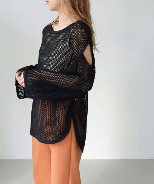 HER CLOSET(ハークローゼット)の「【shemoshelly】WEB限定カットアウト透かし編みメッシュニットトップス(ニット/セーター・レディース・ブラウン/ブラック/アイボリー/カーキ・M)」の6枚目の写真