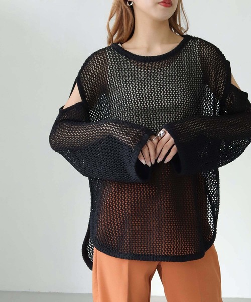 HER CLOSET(ハークローゼット)の「【shemoshelly】WEB限定カットアウト透かし編みメッシュニットトップス(ニット/セーター・レディース・ブラウン/ブラック/アイボリー/カーキ・M)」の5枚目の写真