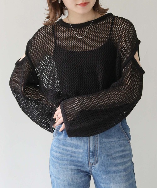 HER CLOSET(ハークローゼット)の「【shemoshelly】WEB限定カットアウト透かし編みメッシュニットトップス(ニット/セーター・レディース・ブラウン/ブラック/アイボリー/カーキ・M)」の22枚目の写真