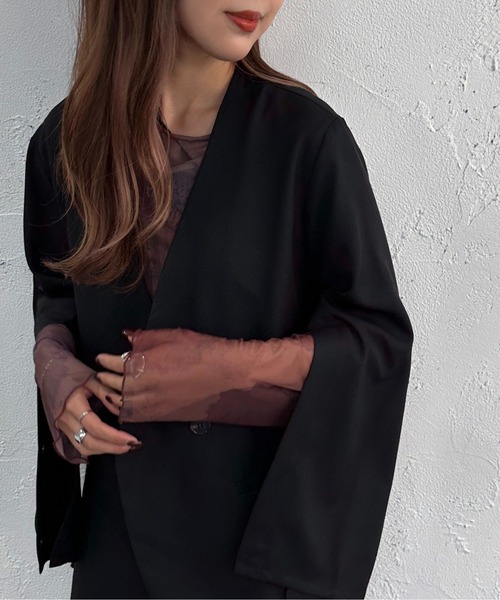 apres jour mignon(アプレジュールミニョン)の「袖スリットノーカラージャケット【ZOZOTOWN限定アイテム】 【SETUP着用可能】(テーラードジャケット・レディース・グリーン系その他/オレンジ/ブラック・フリー/X-LARGE)」の5枚目の写真