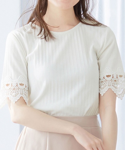 alotta(アロッタ)の「袖レーステレコリブトップス(Tシャツ/カットソー・レディース・ピンク/オフホワイト/サックスブルー/ネイビー/ブラック・LARGE/X-LARGE/MEDIUM/XX-LARGE)」の1枚目の写真