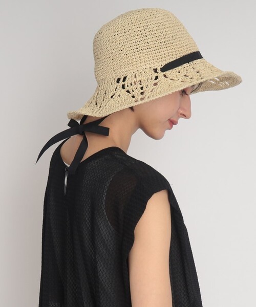 SHOO・LA・RUE（シューラルー）の「◆すかし編みリボン付きペーパーハット（ハット・レディース・サンドベージュ/ブラック/ナチュラル/パープル系・00）」の3枚目の写真
