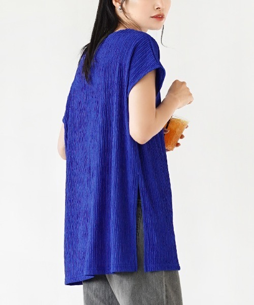 e-zakkamania stores（イーザッカマニアストアーズ）の「ふくれジャガード フレンチスリーブ（Tシャツ/カットソー・レディース・ブラック/アイボリー/ブルー/グリーン・M）」の4枚目の写真