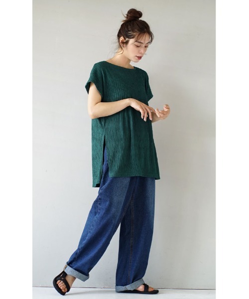 e-zakkamania stores（イーザッカマニアストアーズ）の「ふくれジャガード フレンチスリーブ（Tシャツ/カットソー・レディース・ブラック/アイボリー/ブルー/グリーン・M）」の18枚目の写真