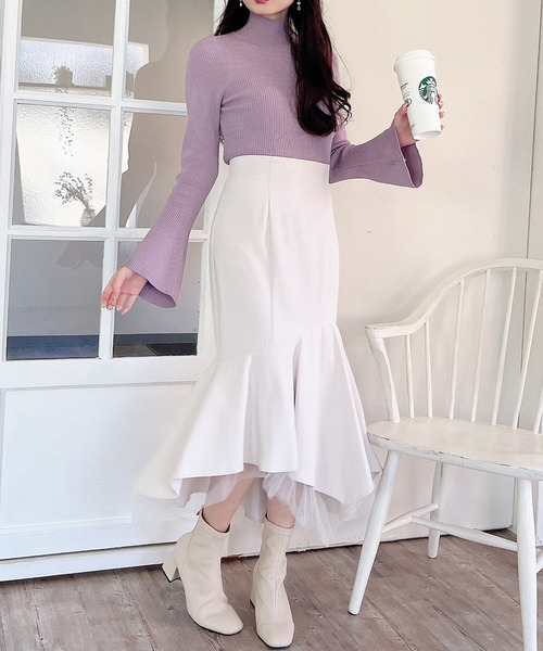 MIIA（ミーア）の「フレアスリーブリブニット（ニット/セーター・レディース・ブラック/オフホワイト/パープル・FREE）」の6枚目の写真