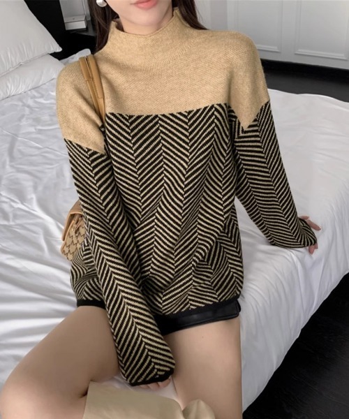 Miniministore(ミニミニストア)の「配色ニットトップス プチハイネック 秋冬(ニット/セーター・レディース・ベージュ/ネイビー/ラベンダー・フリー)」の10枚目の写真