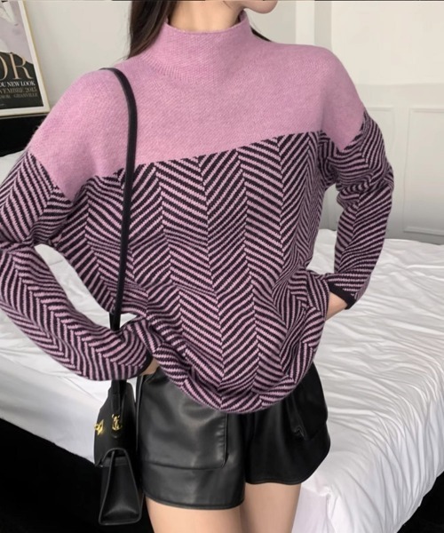 Miniministore(ミニミニストア)の「配色ニットトップス プチハイネック 秋冬(ニット/セーター・レディース・ベージュ/ネイビー/ラベンダー・フリー)」の11枚目の写真