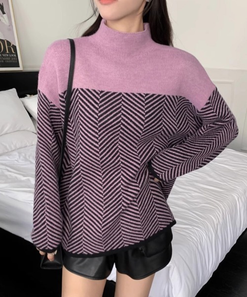 Miniministore(ミニミニストア)の「配色ニットトップス プチハイネック 秋冬(ニット/セーター・レディース・ベージュ/ネイビー/ラベンダー・フリー)」の13枚目の写真