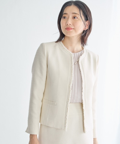 A/C DESIGN BY ALPHA CUBIC（エーシーデザインバイアルファキュービック）の「【セットアップ対応】ツイードジャケット（ノーカラージャケット・レディース・ネイビー/ベージュ・11号/9号/13号）」の2枚目の写真