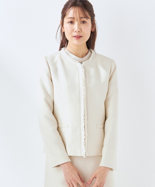 A/C DESIGN BY ALPHA CUBIC（エーシーデザインバイアルファキュービック）の「【セットアップ対応】ツイードジャケット（ノーカラージャケット・レディース・ネイビー/ベージュ・11号/9号/13号）」の5枚目の写真